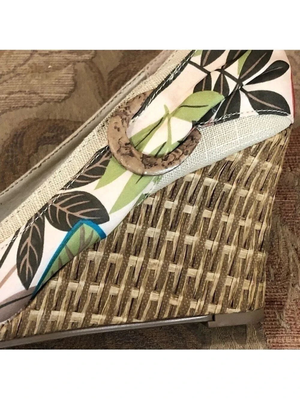 RESTRICTED tropical print peep-toe espadrilles. Leather and fabric. Size 9
